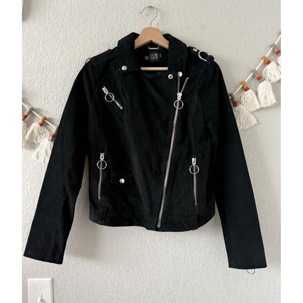 Stone Row Black Leather Criss Cross Zip Moto Jacket Biker Grunge Goth S